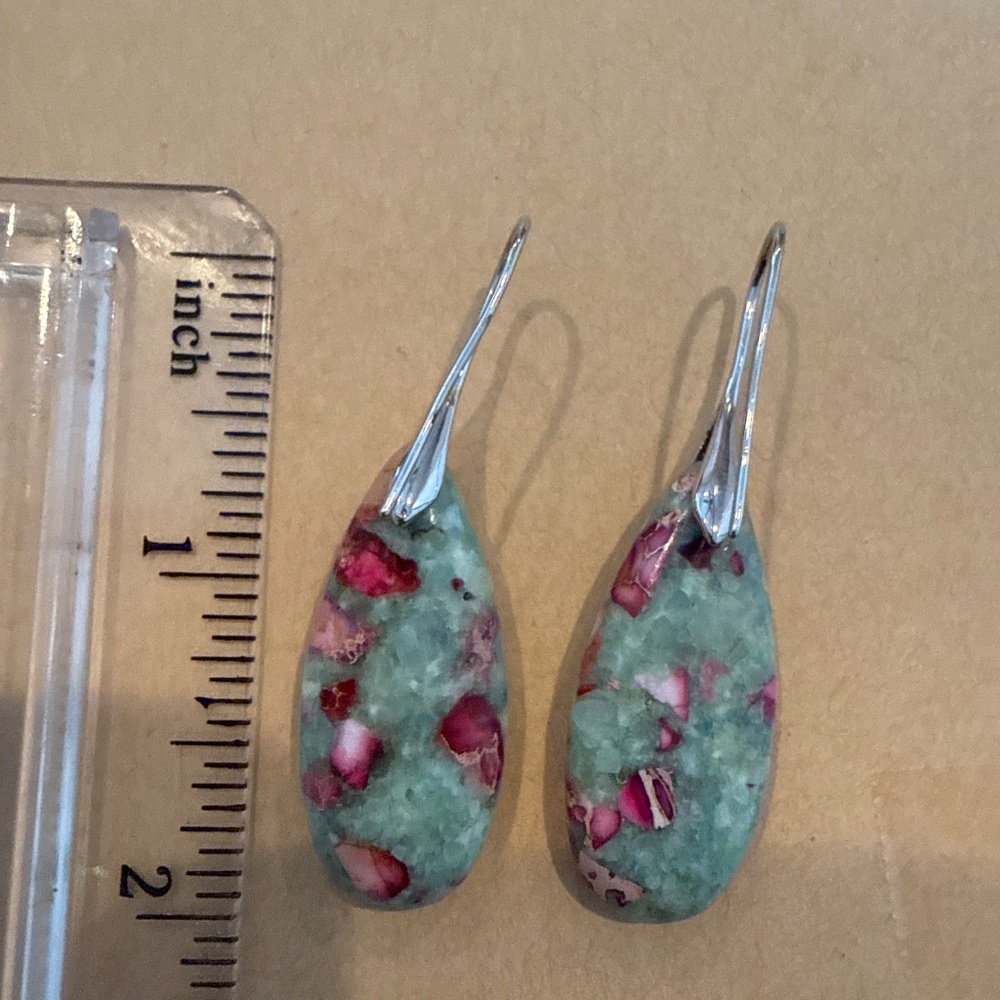 Dangle Earrings Marble-Effect Stone,Gold/Silver Hook - Picture 5 of 6